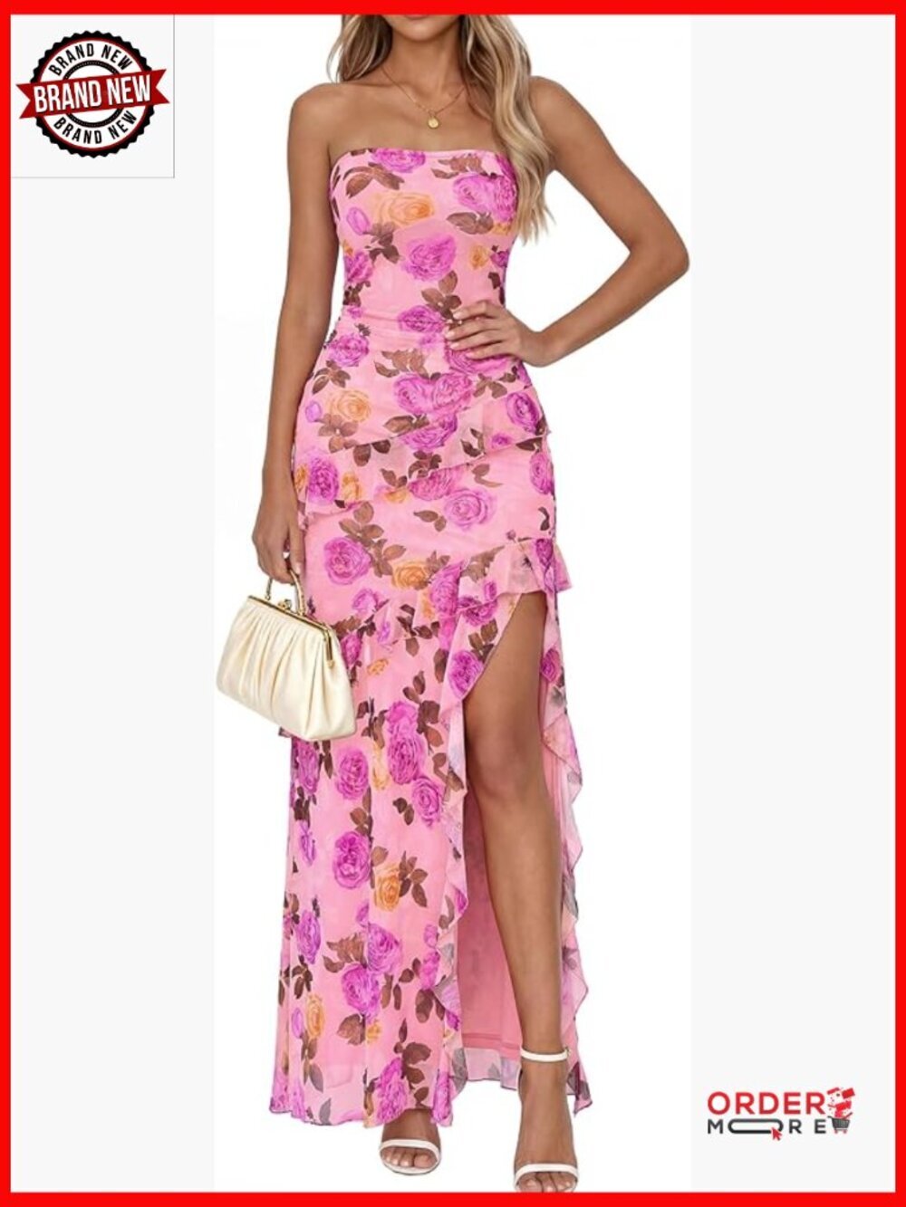 Off Shoulder Strapless Ruffle High Slit Maxi Dress Wedding Guest